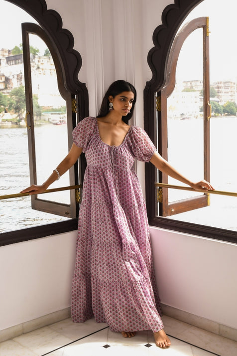 Sita Maxi Dress Violet — full length at Mughal arch window, hand block print violet cotton maxi | Daughters of India