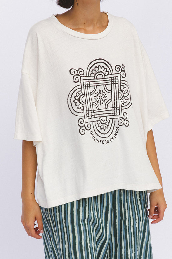 Shanti Tee White — close-up front view of mandala logo print detail on white oversized cotton tee, hand screen printed in India | Daughters of India