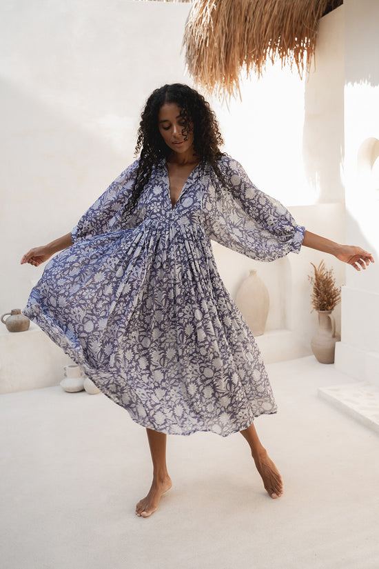 Kyra Midi Dress Blue Iris — full length twirl shot showing flowing skirt, hand block print cotton | Daughters of India