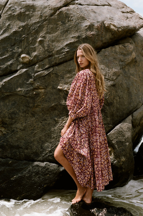 Daughters of India Kyra Midi Dress in Sumac — back view by boulders and waves, cotton