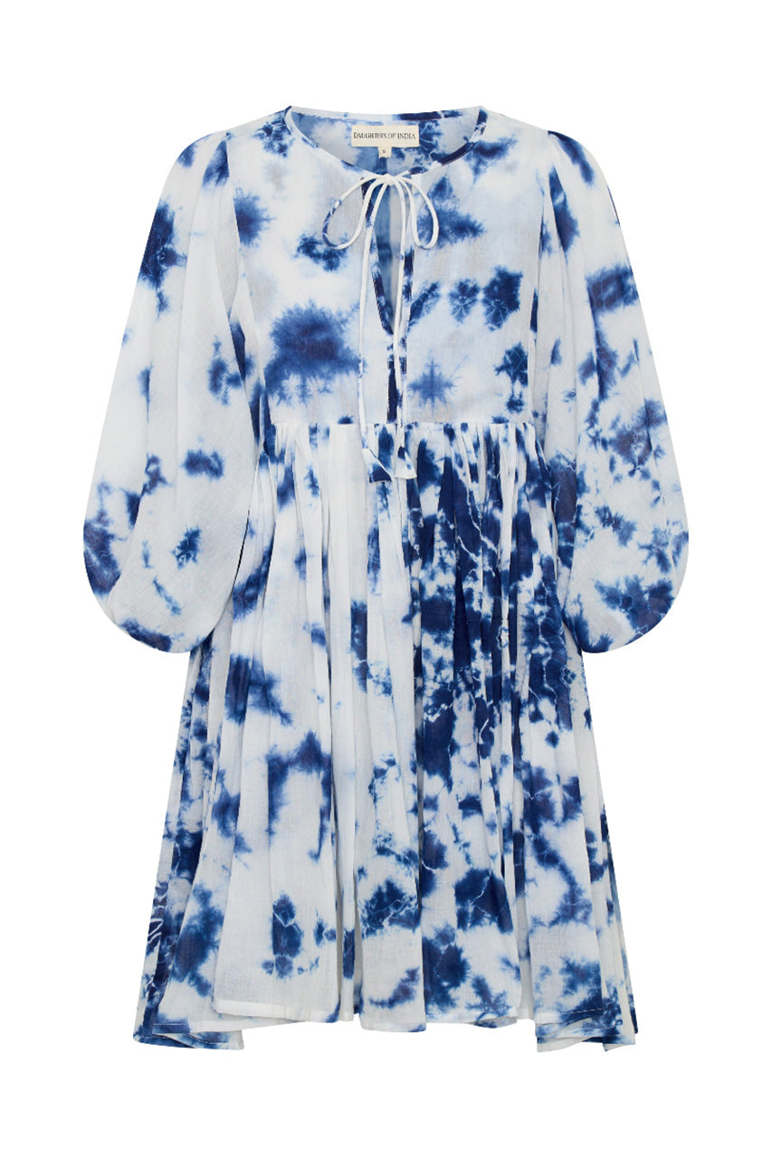 Kyra Mini Dress Deep Sea — ghost mannequin full length front view, deep sea shibori tie-dye cotton mini dress with V-neckline tie, balloon sleeves and flared skirt, white background | Daughters of India