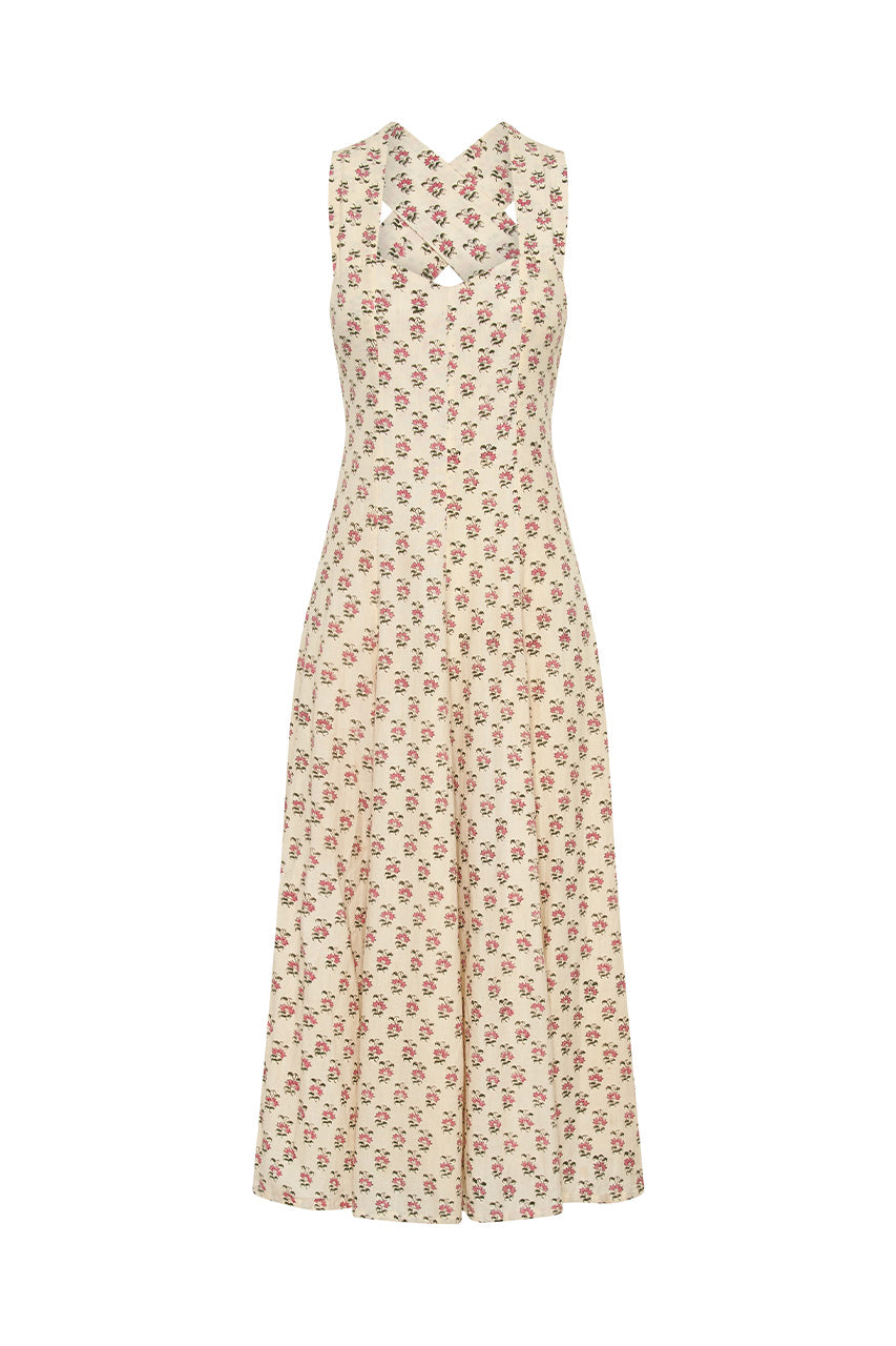 Lalika Dress Peony — ghost mannequin full length front view, peony hand block print cotton wrap dress with sweetheart neckline, wide straps and A-line midi skirt, cream with pink floral motifs, white background | Daughters of India