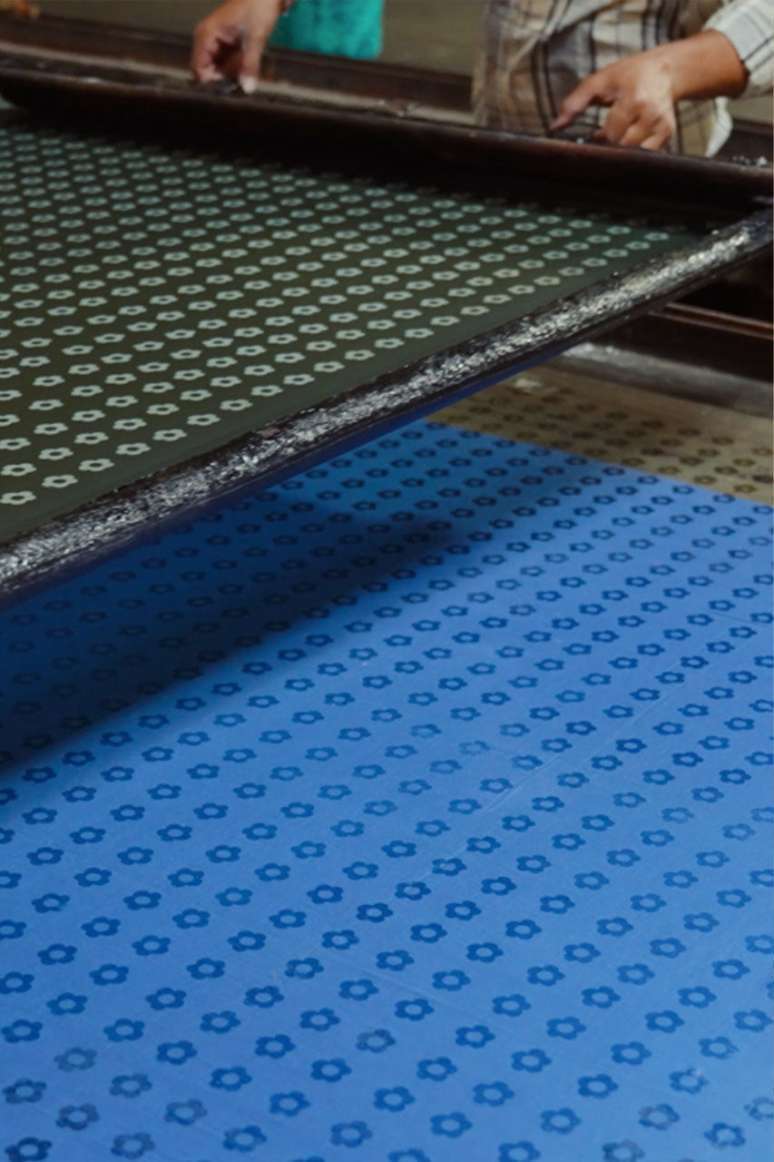 Hand block printing process in Jaipur — indigo dye on natural fabric, Daughters of India artisan craft