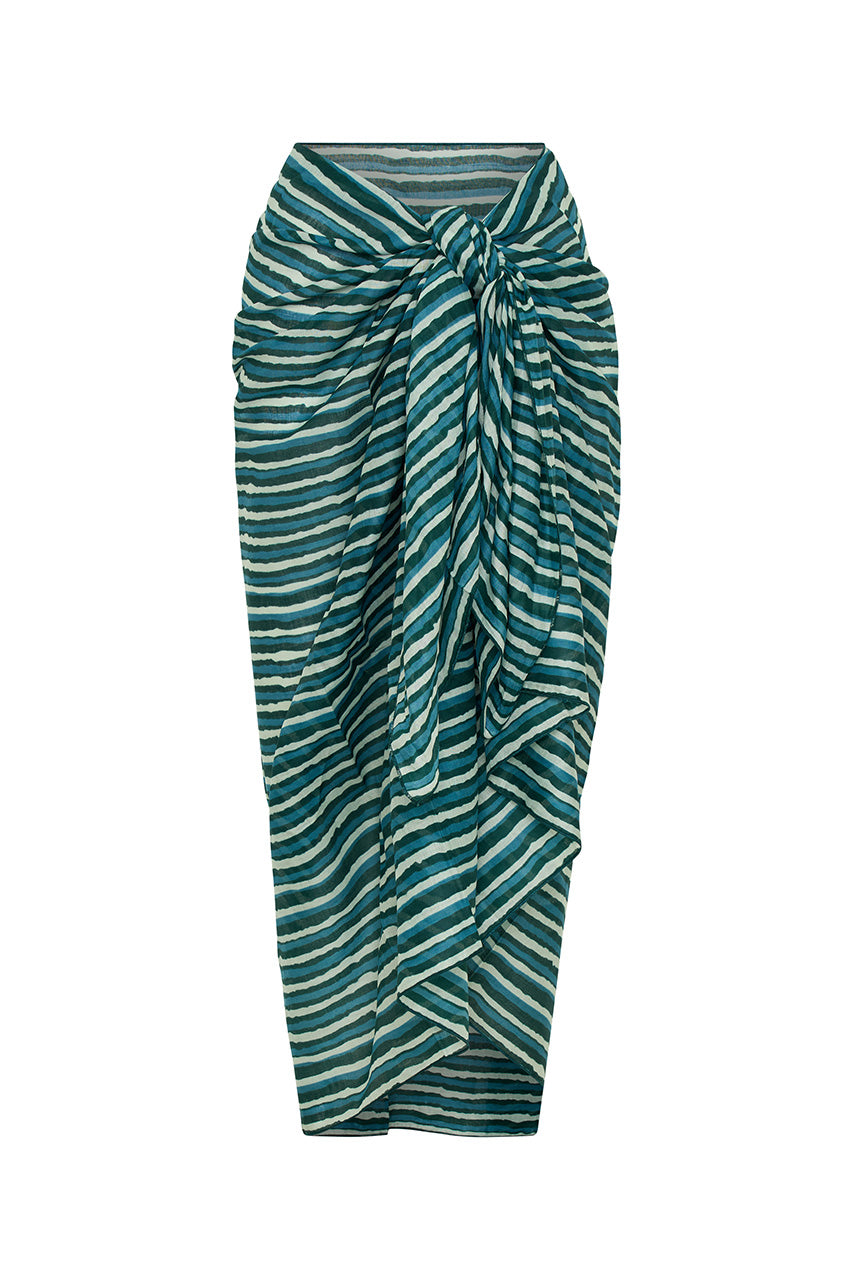 Ria Sarong Cyan Candy — wrap tie detail close-up, sarong knot at waist, cyan candy floral block print cotton fabric detail, handcrafted artisan India | Daughters of India