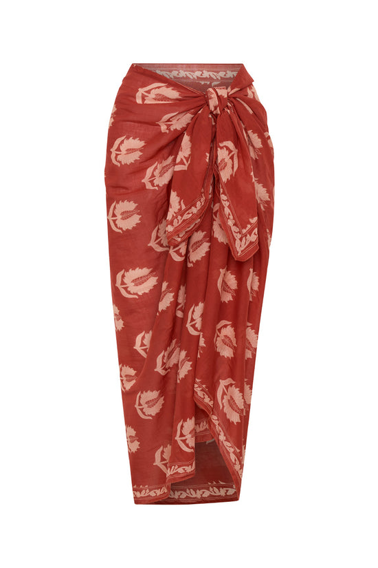 Ria Sarong Ruby Red — ghost mannequin full length front view tied at waist, ruby red hand block print cotton sarong with cream lotus motifs showing full drape, white background | Daughters of India