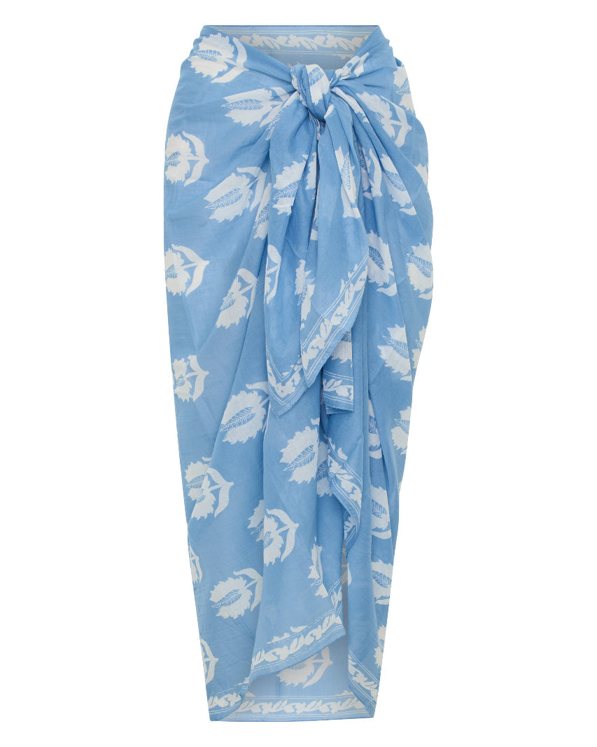 Ria Sarong Sky — ghost mannequin full length front view tied at waist, sky blue hand block print cotton sarong with white lotus motifs showing full drape, white background | Daughters of India