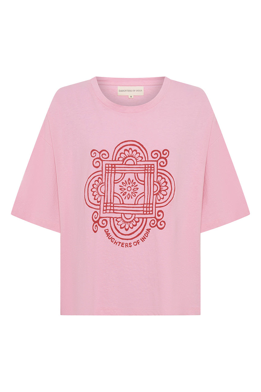 Shanti Tee Pink — ghost mannequin flat lay front view, pink oversized cotton tee with red hand-printed Daughters of India mandala logo, white background | Daughters of India
