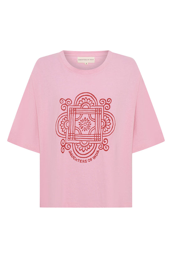 Shanti Tee Pink — ghost mannequin flat lay front view, pink oversized cotton tee with red hand-printed Daughters of India mandala logo, white background | Daughters of India