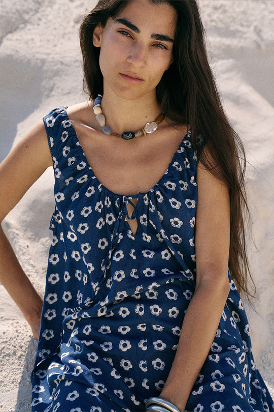 Sundress Mini Indigo — neckline keyhole detail, hand block print indigo linen viscose mini dress | Daughters of India