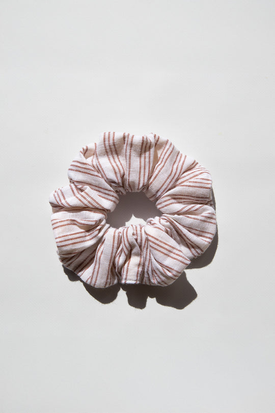 Daughters of India Upcycled Scrunchie in Vanilla, a cream and pink striped hair scrunchie made from upcycled cotton fabric