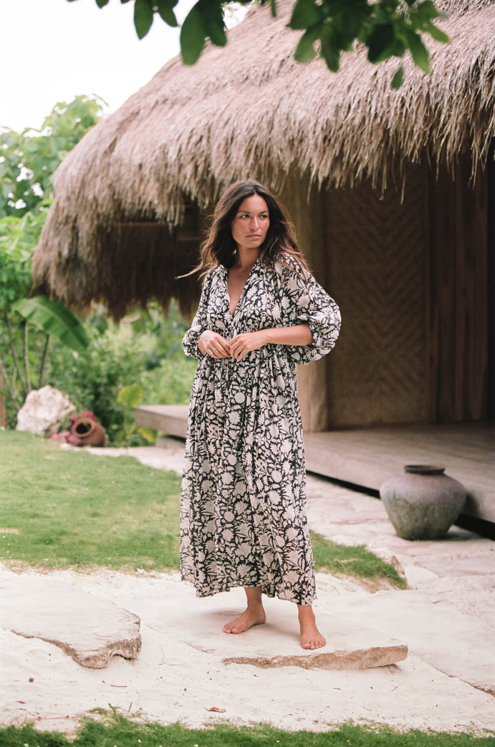 Daughters of India Kyra Maxi Dress in Pepper — full length by thatched hut, V-neckline, hand screen print cotton