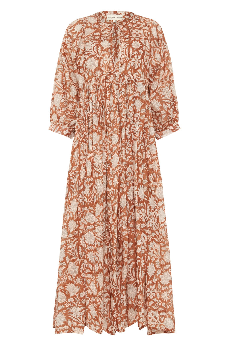 Daughters of India Kyra Midi Dress in Caramel — flat lay showing neckline tie, billowed sleeves, hand screen print cotton
